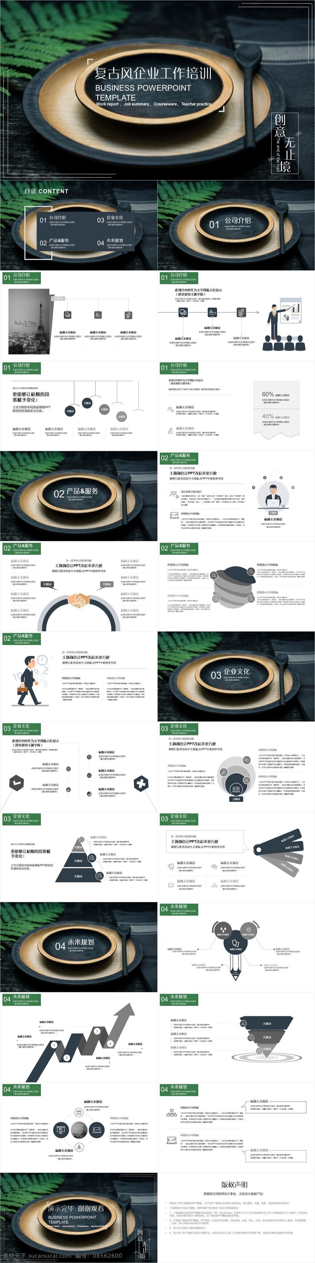 墨绿色 复古 文 艺风 企业培训 模板 ppt模板 工作报告 工作总结 公司简介 国际贸易 路演 企业宣传 商务报告 商务演示
