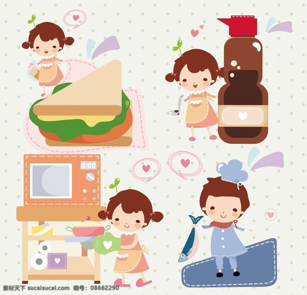 韩国 卡通 男孩 女孩 可爱 家庭主妇 柴米油盐 三明治 酱油 炒菜 做饭 烤箱 烧鱼 厨师 幼儿园 学生 儿童幼儿 人物图库