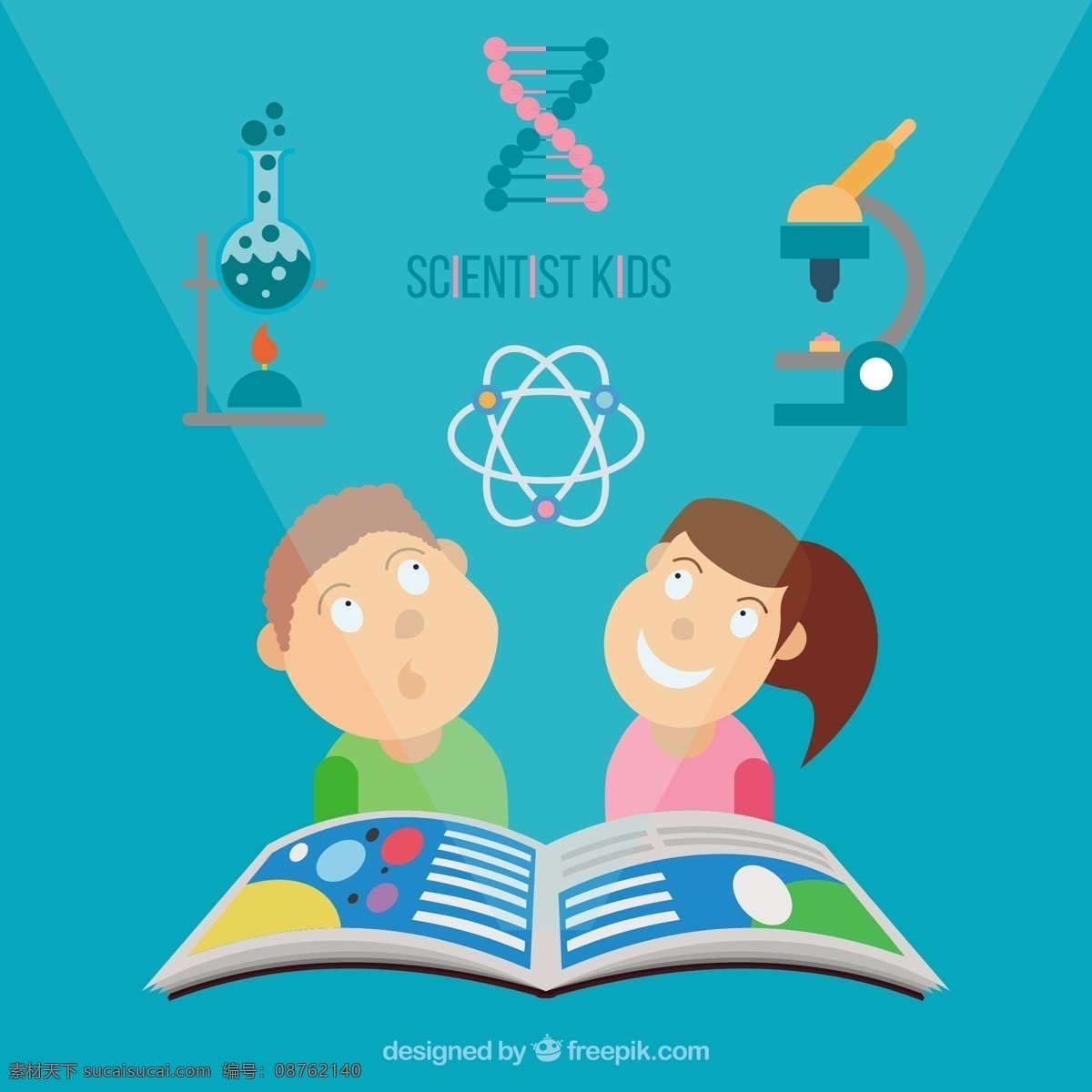 孩子 学习 科学 书 儿童 卡通 基因 化学 实验室 原子 测试 分子 显微镜 科学家 研究 试验管 青色 天蓝色