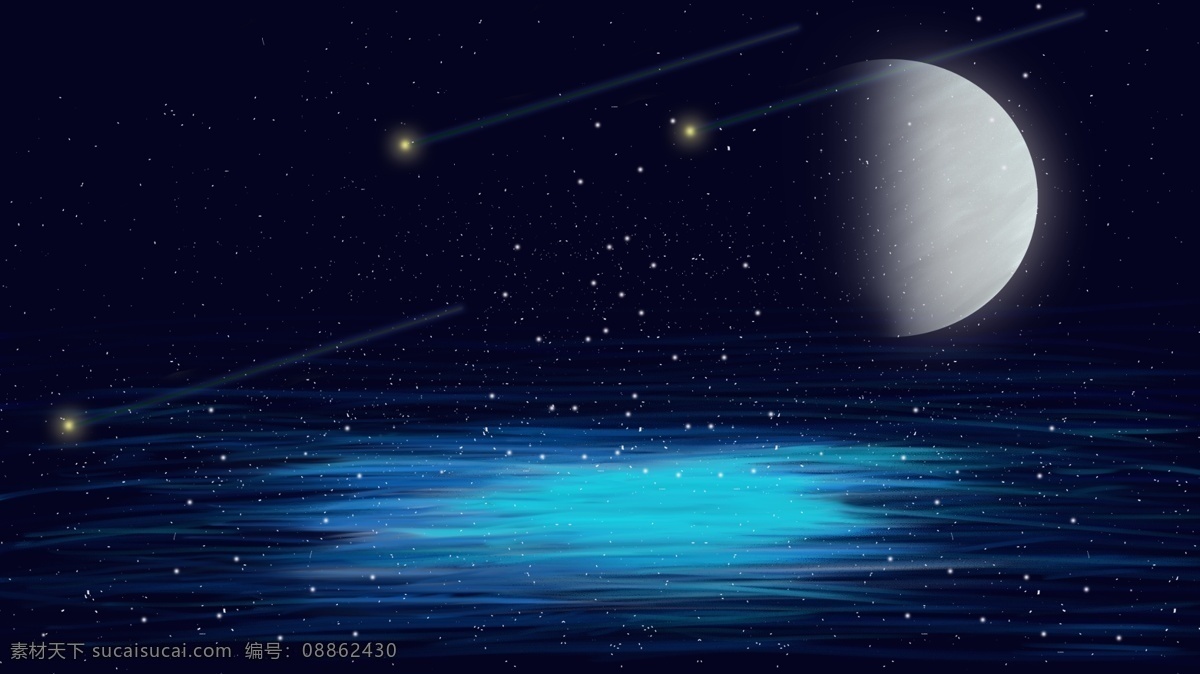 手绘 水上 生 明月 梦幻 星空 背景 月亮 星空背景 banner 夜晚 湖面背景