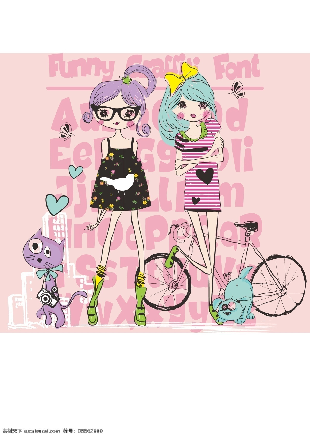 城市女孩 卡通女孩 卡通人物 小女孩 美丽女孩 小猫 卡通猫 自行车 趣味字母 时尚女孩 卡通画矢量 卡通背景 kitty 底纹 背景底纹 矢量 妇女女性 矢量人物