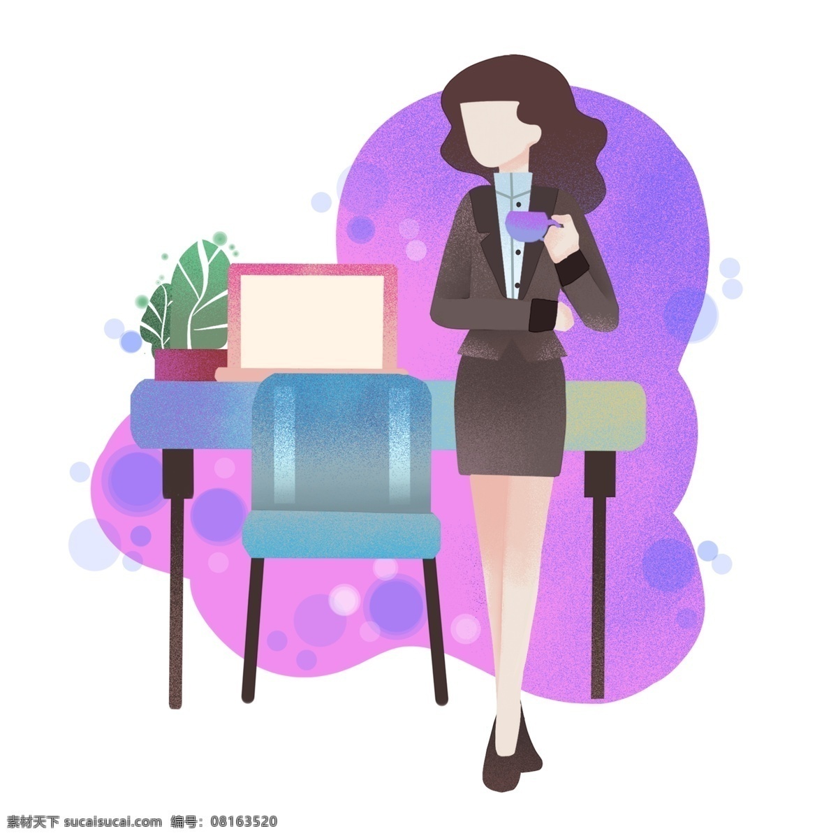 喝茶 小女孩 插画 商务办公插画 喝茶的小女孩 紫色的水杯 蓝色的凳子 绿色的盆栽 卡通人物