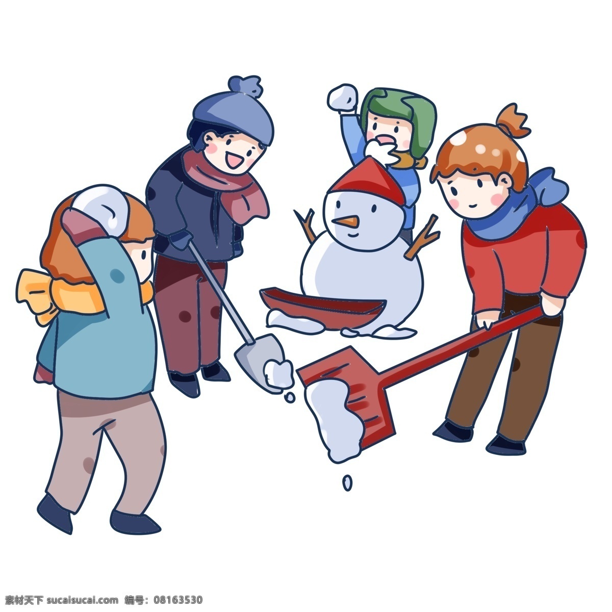 手绘 卡通 冬天 打雪仗 手绘卡通 立冬 装饰图案 手绘q版 堆雪人 下雪天 铲雪 小孩 穿 保暖 衣服 人