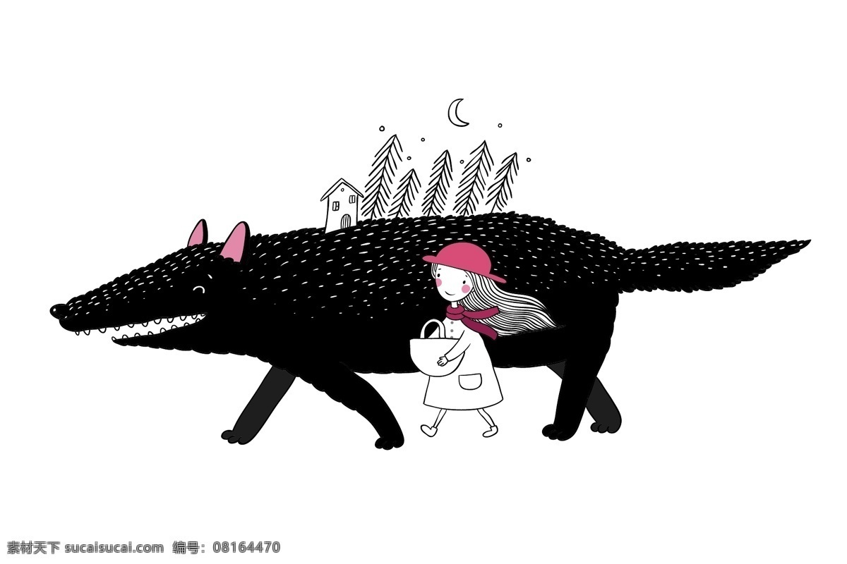 童话 手绘 插画 小女孩 动物 矢量 文件