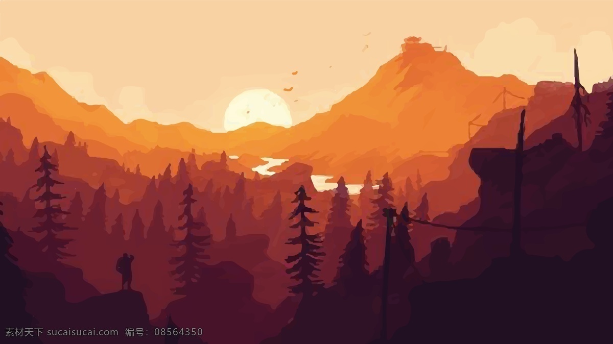 秋分 唯美 小 清新 插画 小清新 森林 夕阳 扁平风 原创