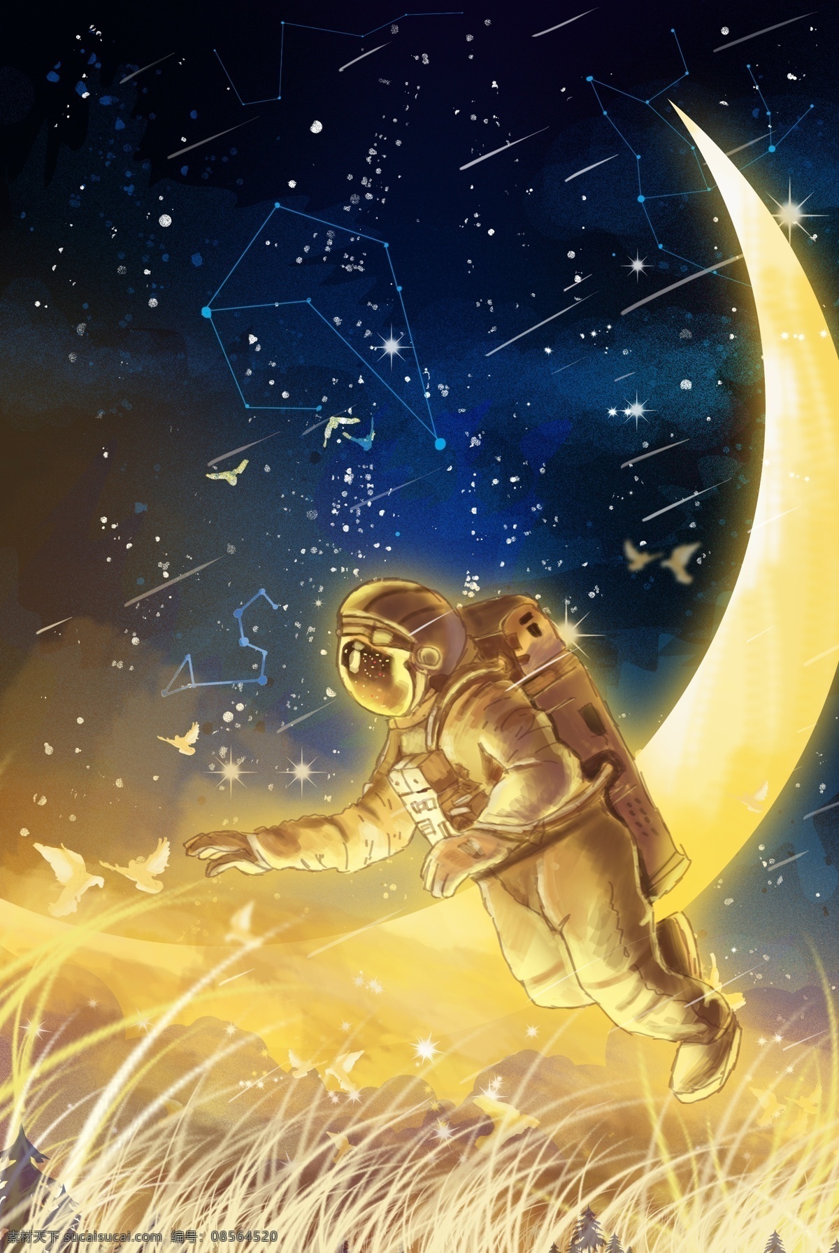 小 清新 梦幻 唯美 星空 宇航员 漂浮 插画 小清新 月亮 鸽子 浪漫 夜空 流星 星辰 治愈 背景 壁纸 月 云 渐变