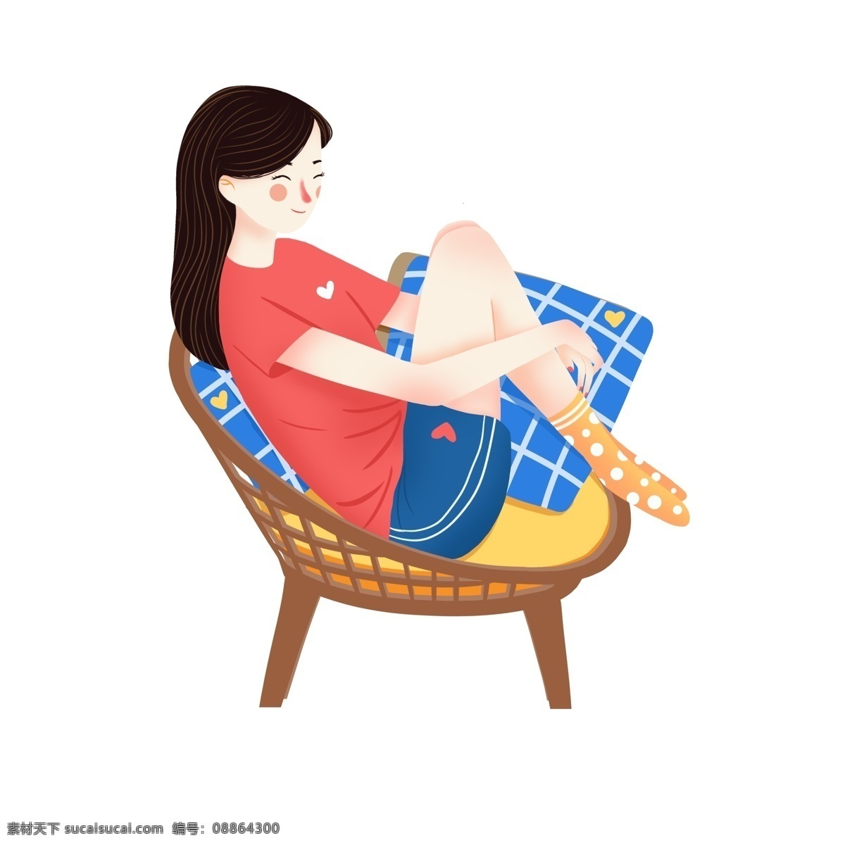 温馨 手绘 坐在 藤椅 上 休息 女孩 卡通 插画 小清新 女生 躺椅 人物