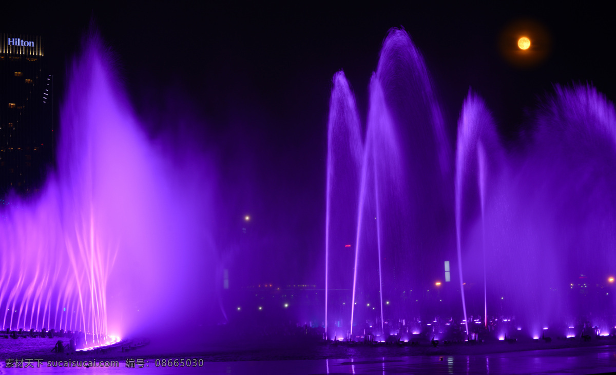 中秋节 音乐喷泉 喷泉 广场 夜景 紫色
