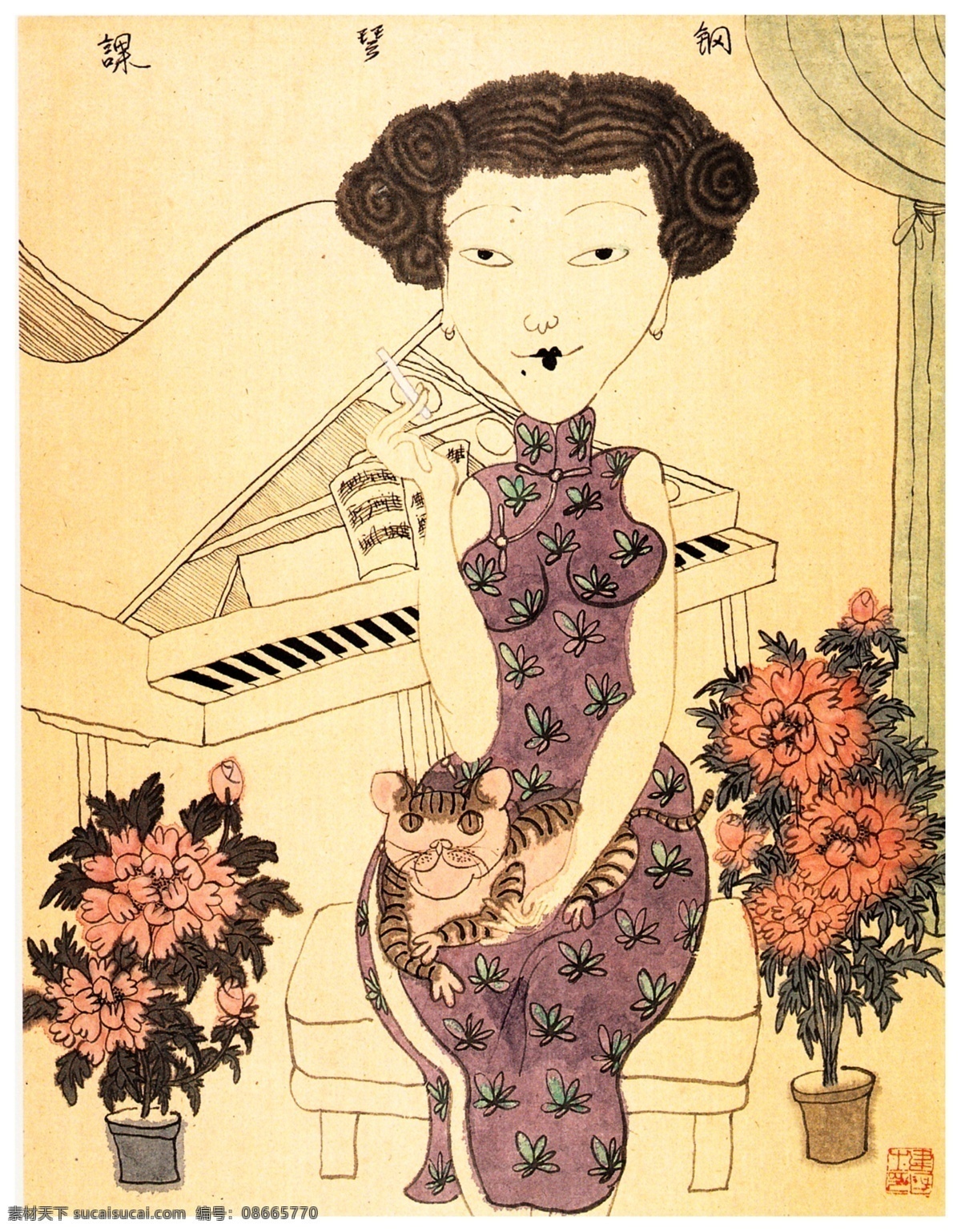 钢琴家 钢琴 弹钢琴 上海印象 上海女人 老上海 旗袍 魅力女人 女人肖像 身穿旗袍 装饰画 国画素材 人物装饰画 国画人物 绘画书法 文化艺术