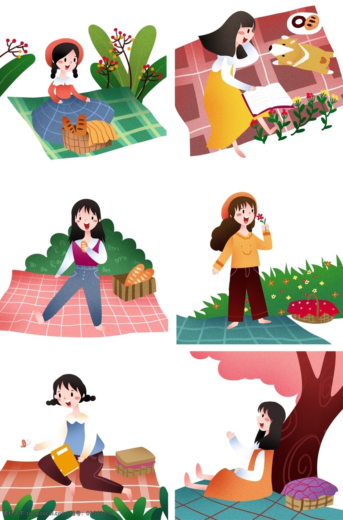 春游 踏青 插画 合集 健身的小女孩 彩色的果子 绿色的叶子 植物装饰 看书的小女孩