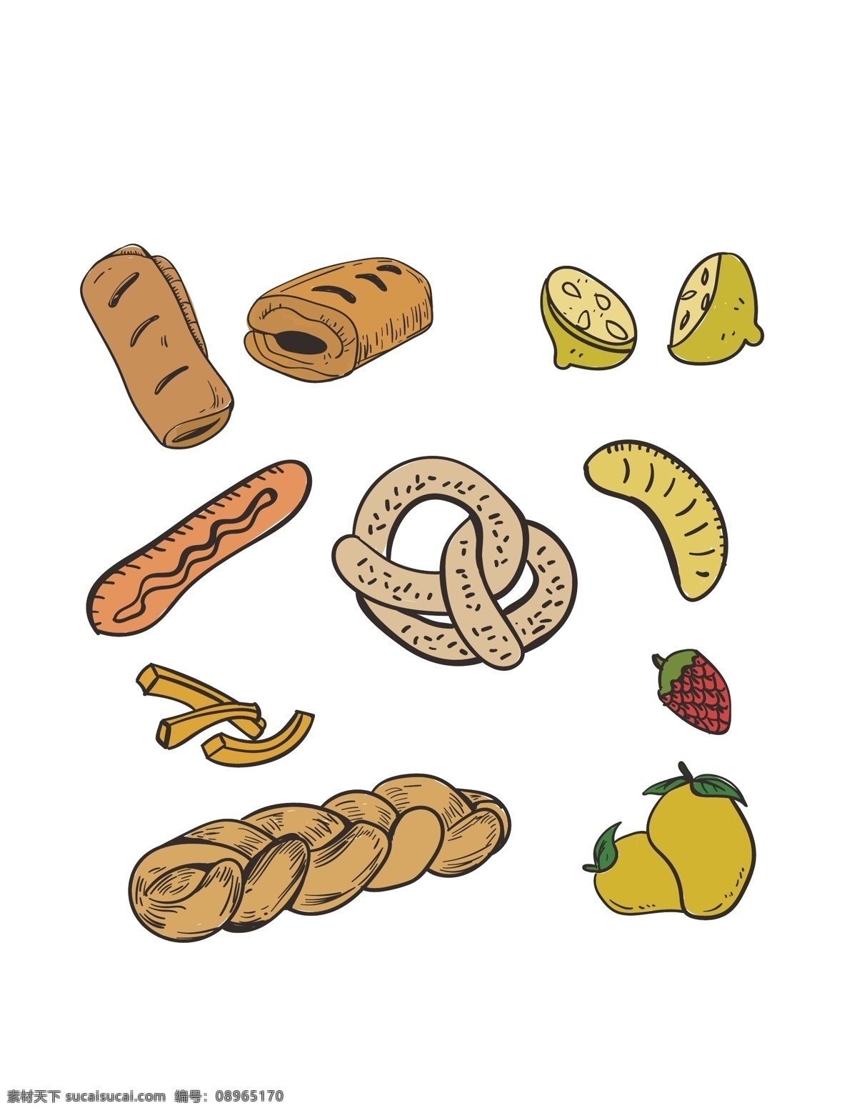 美食 手绘 素 素材图片 美食手绘素材 食物 食品 线描 手绘元素 面点 糕点 面包 水果