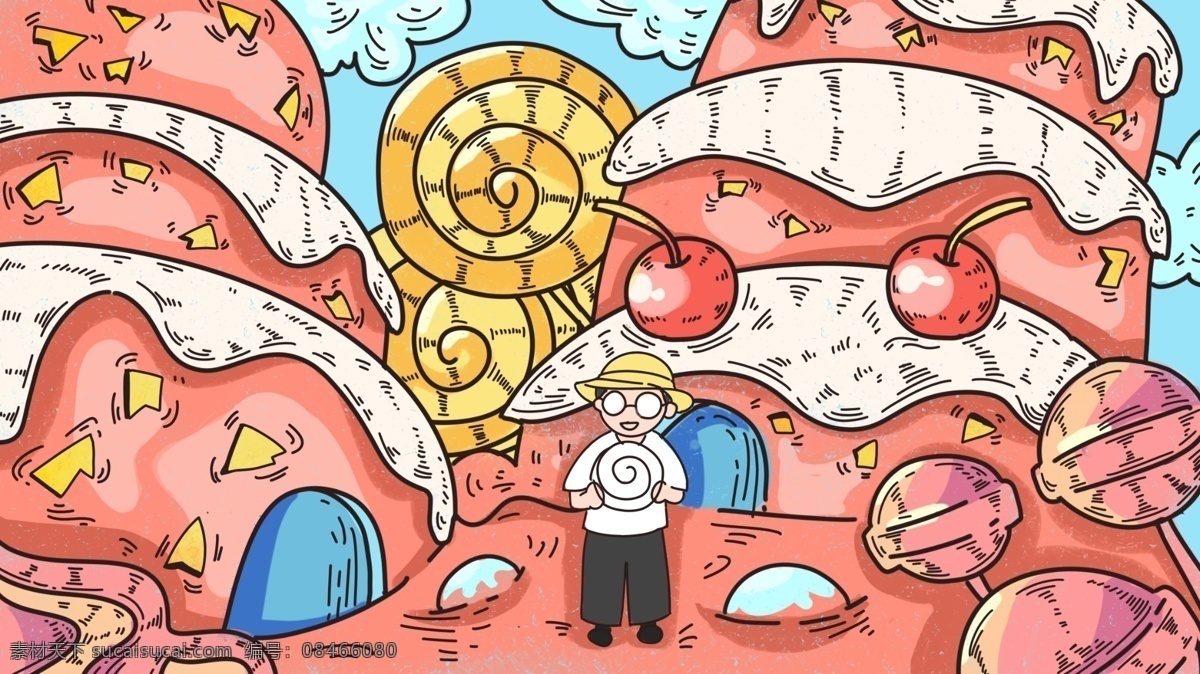童年 幻想 蛋糕 美食 糖果 描 边线 稿 插画 插图 童年幻想 描边 线稿 原创 手绘