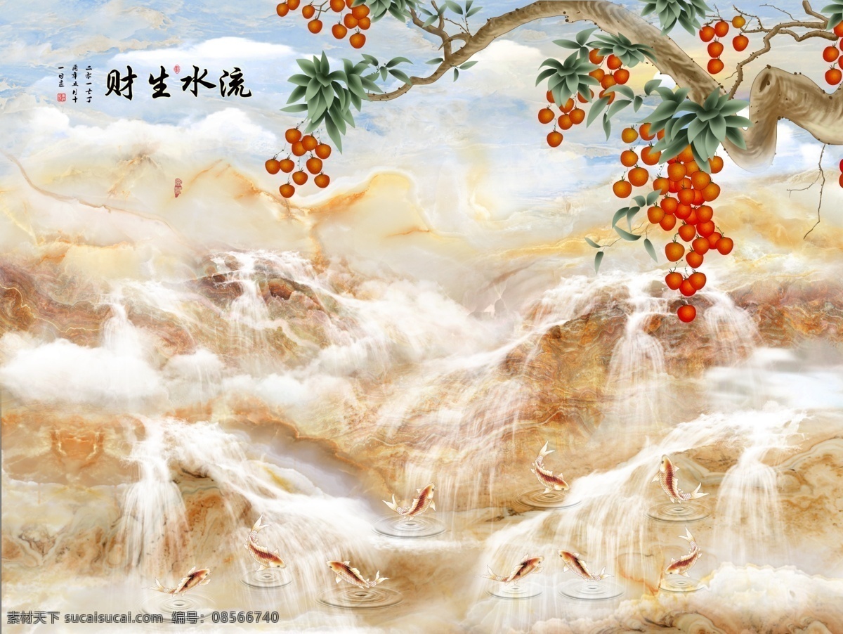 新 中式 大理 石纹 花鸟 鱼 背景 墙 新中式 大理石纹 背景墙 瀑布