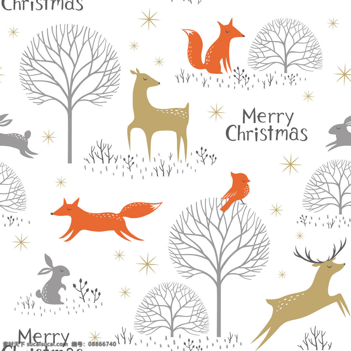 圣诞 元素 清新 壁纸 小鹿 图案 装饰设计 松树 狐狸 小兔子 英文 圣诞快乐 壁纸图案