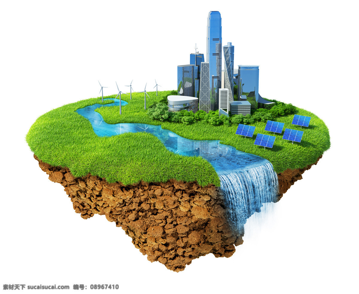 绿色 地球 绿色地球 创意 环境保护 树木 草地 高楼 城市 太阳能 风力发电 流水 水流 自然 生态 环境 生态环境 地球图片 环境家居