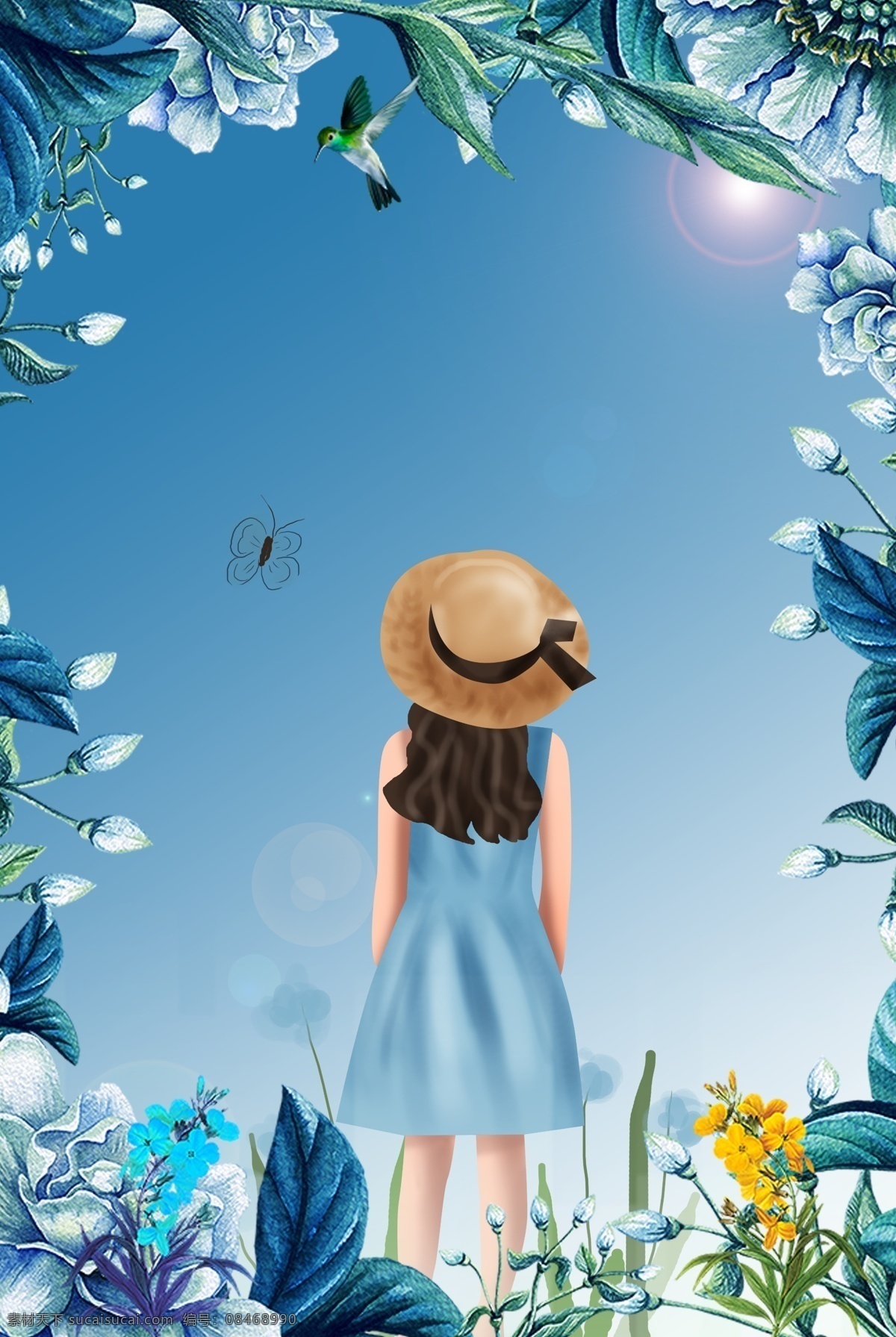 夏天 你好 蓝色 简约 文艺 海报 人物 背影 蝴蝶 植物 阳光