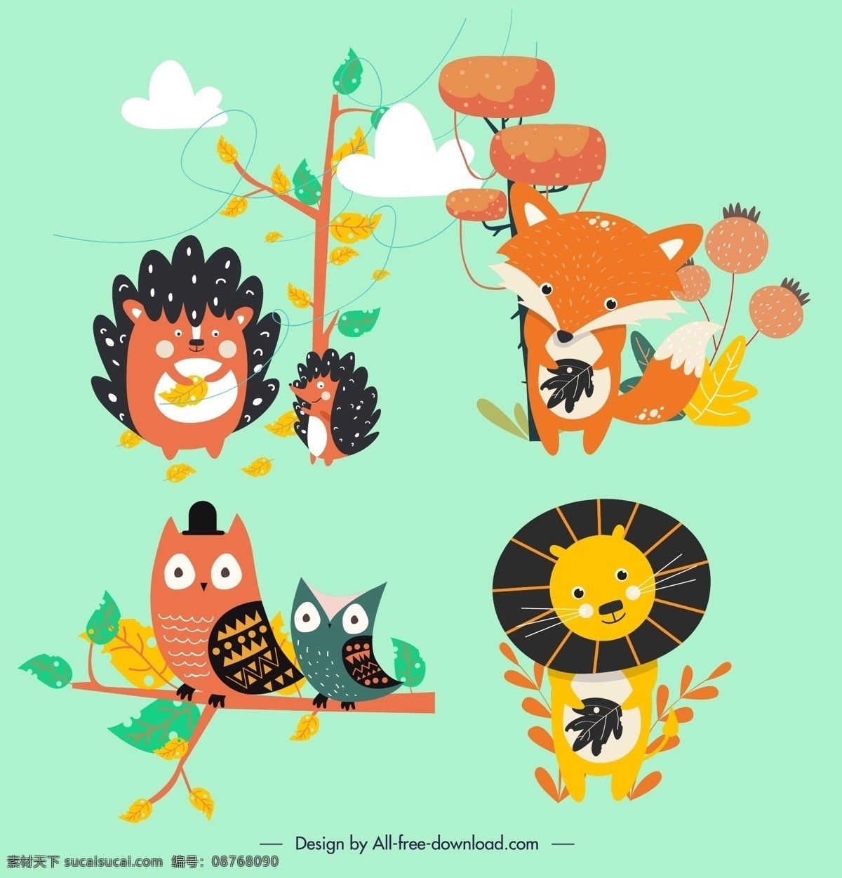 可爱 森林 动物图片 树木 狐狸 刺猬 猫头鹰 矢量 高清图片