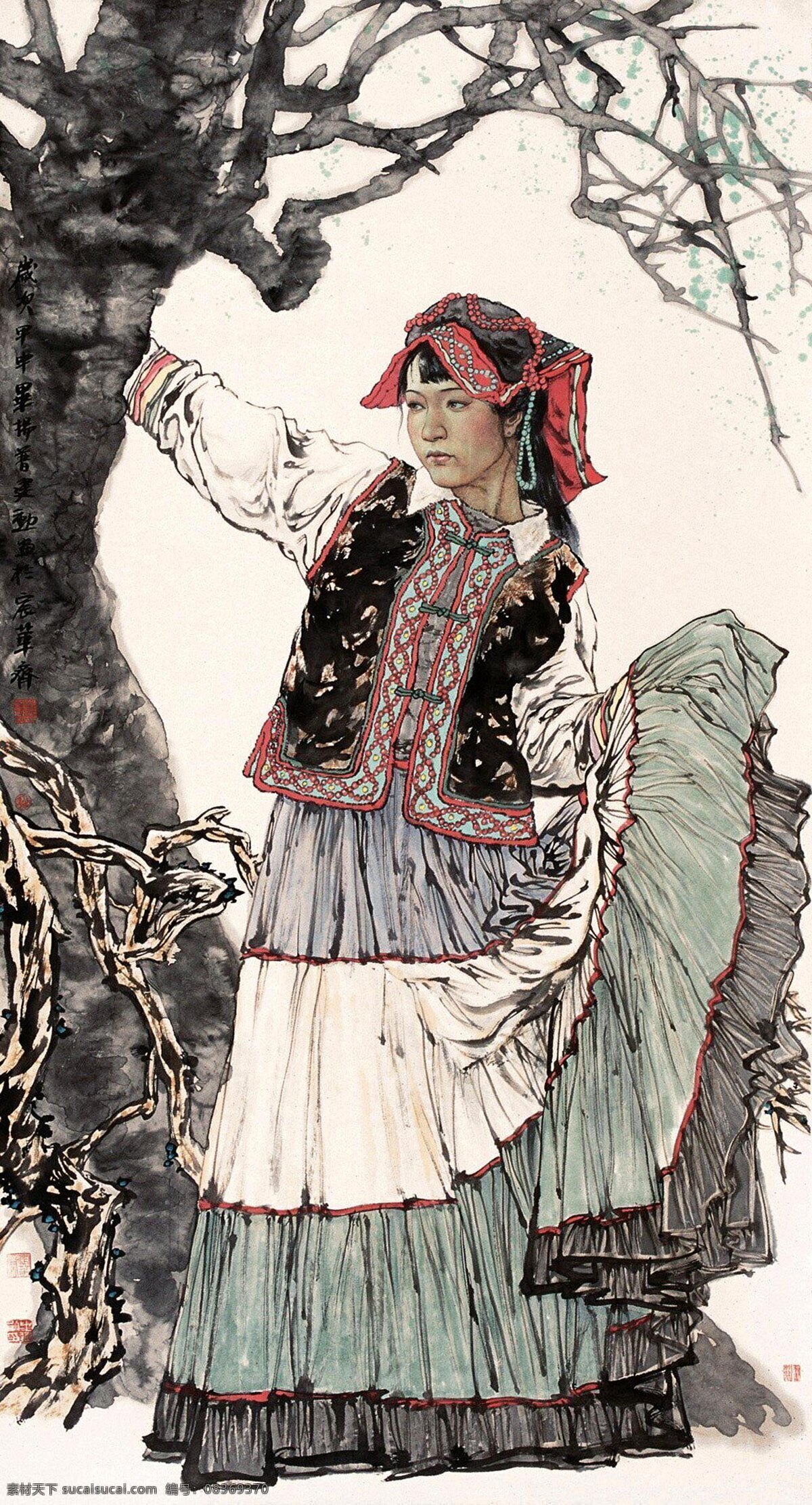传统文化 大图 高清 工笔 古代 古典 国画 绘画 少数民族 姑娘 设计素材 模板下载 少数民族姑娘 树 少女 毕建勋 印章 书法 艺术 绘画书法 文化艺术 家居装饰素材 雕刻 图案