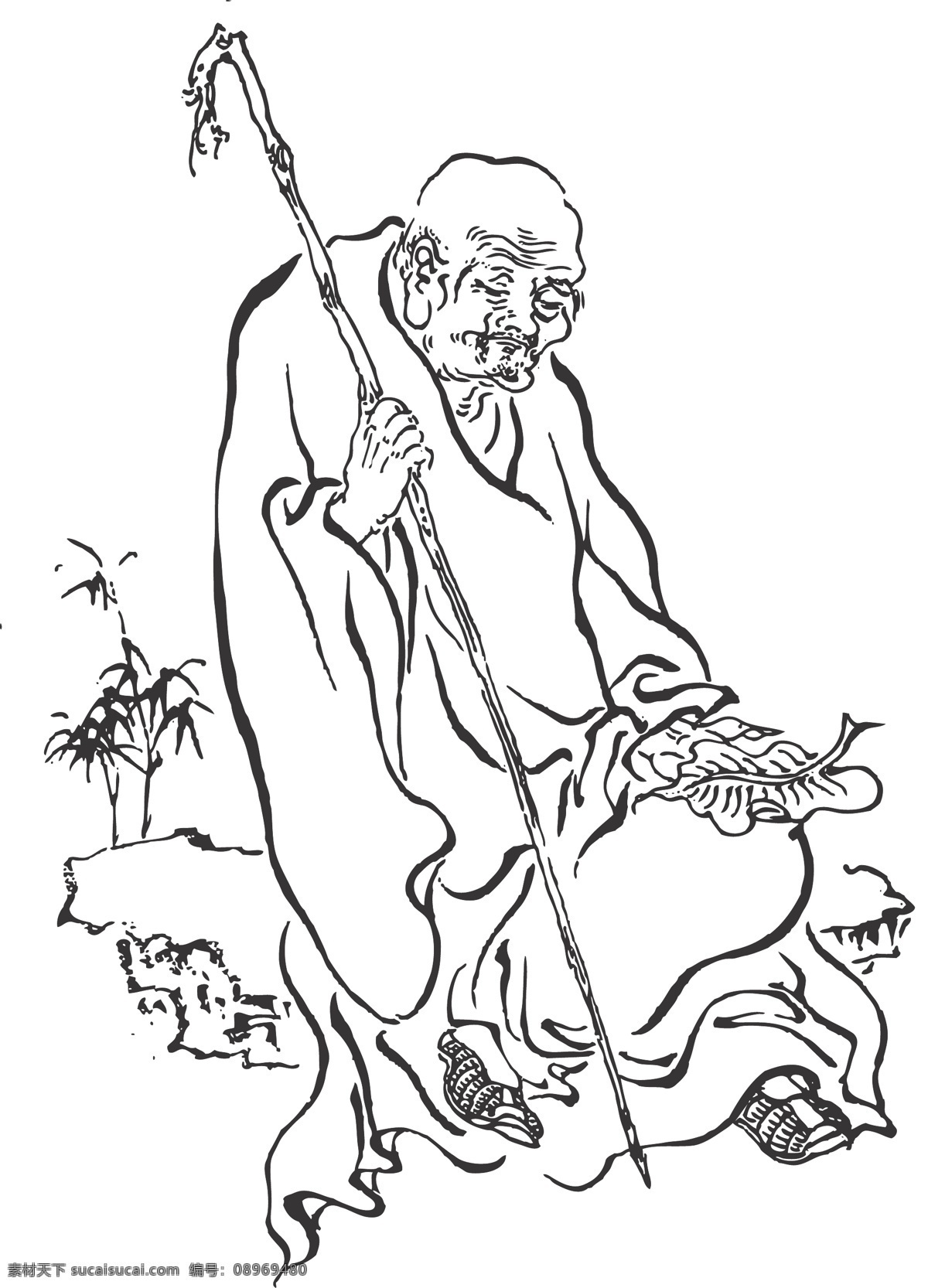 芭蕉罗汉 悠闲隐逸 傲视太虚 仙风道骨 超脱凡尘 喜芭蕉下修行 人物 罗汉 装饰 线条 矢量 插画 白描 罗汉白描图 文化艺术 宗教信仰