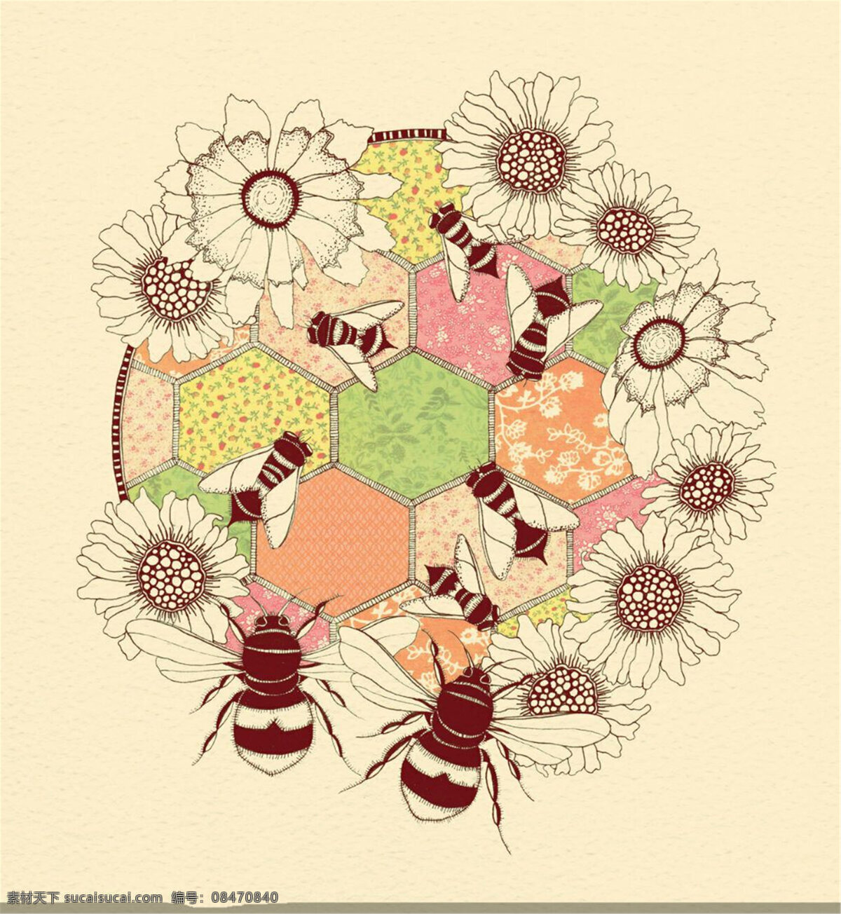 水彩 花朵 蜜蜂 圆环 插画 小清新 矢量素材 卡通 卡通植物 矢量 卡通插画 水彩插画 彩色