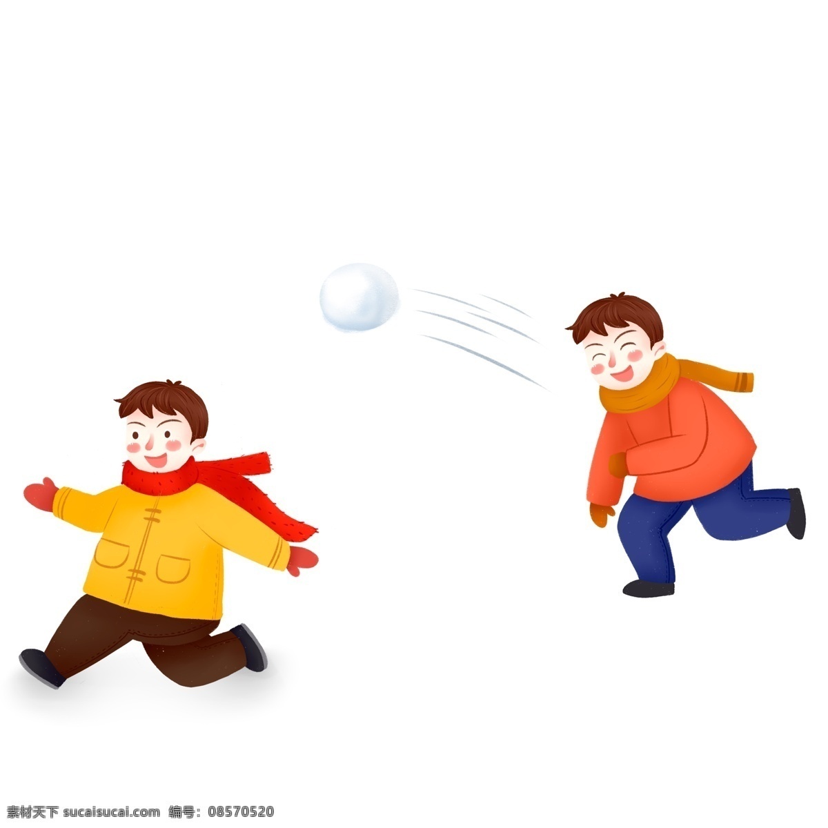 开心 打雪仗 兄弟 俩 卡通 男孩 冬天 追逐 手绘
