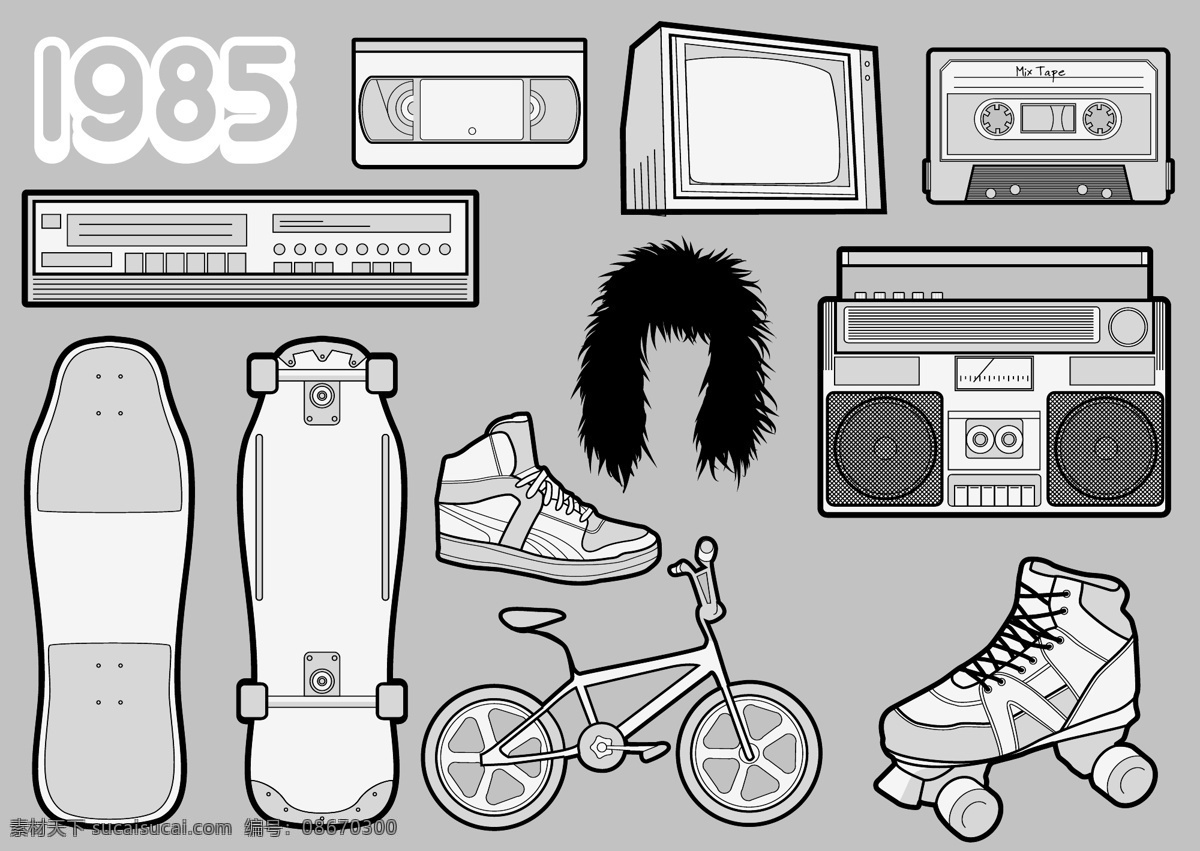 1985 一群 后 图标 磁带 滑板 溜冰鞋 辊 retromix 矢量图 其他矢量图