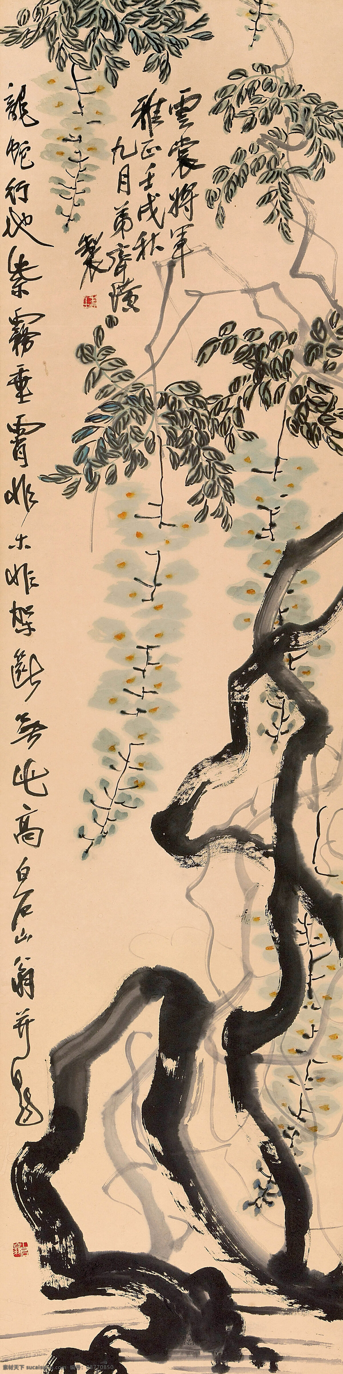 彩墨画 工笔画 国画艺术 花朵 绘画 绘画书法 美术 紫藤 中国画 植物 叶子 书法 印章 国画集48 文化艺术 装饰素材 雕刻 图案