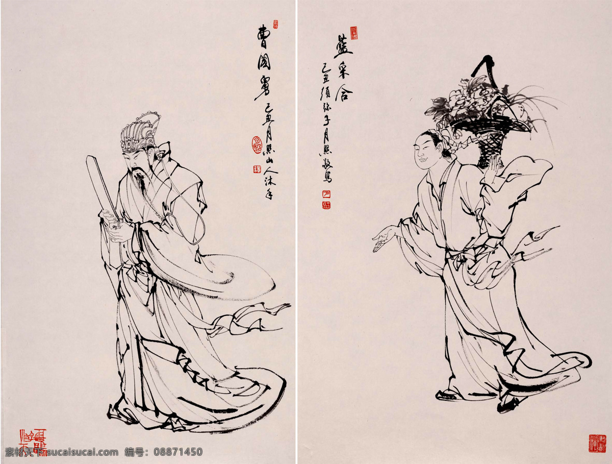 佛道人物白描 宗教 道教 仙人 男人 头冠 道袍 道具 八仙 曹国舅 蓝采和 古典 人物画 工笔 字画 中国画 水墨画 佛道 神仙 人物 白描 绘画书法 文化艺术