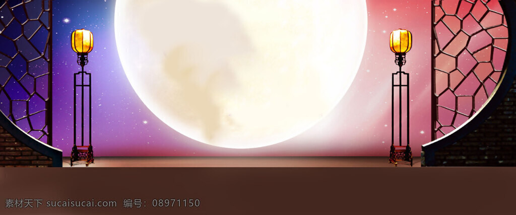 几何 窗格 圆月 banner 背景 中国风 复古 夜晚 中秋 淘宝