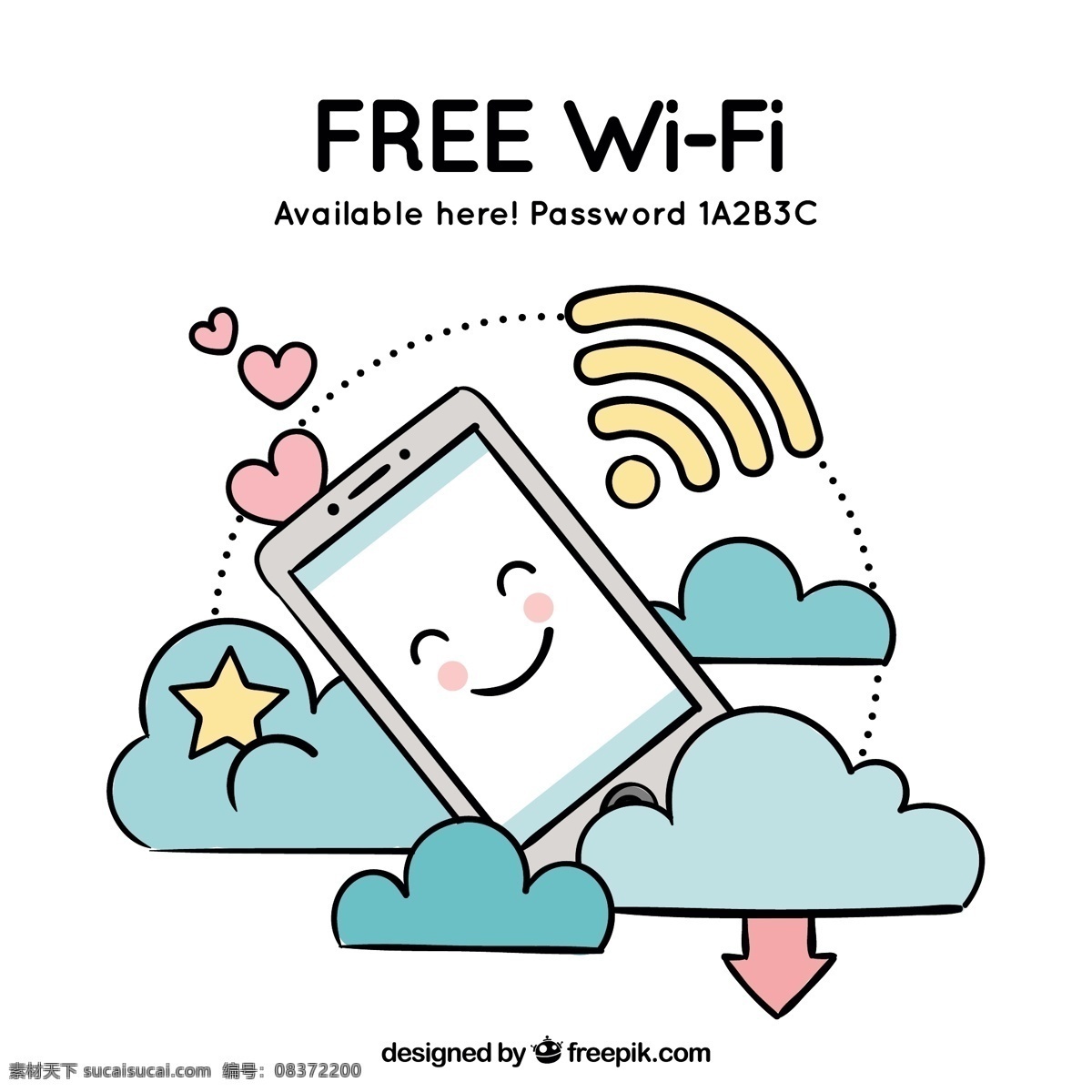 免费 wifi 智能 手机 云朵 背景 免费wifi 智能手机 云朵插图 微笑表情 红色心形图 黄色五角星 淘宝点缀插图 互联网 元素 图标