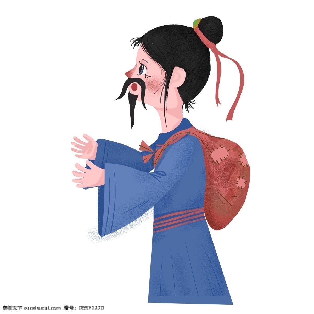 手绘 背着 包裹 古代 男人 卡通 老头 古代人物 插画 包袱 补丁