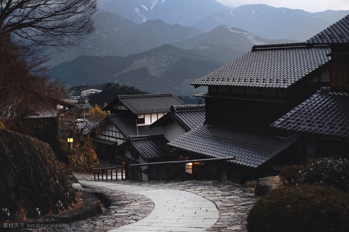 日式 古镇 小院 道路 背景 背景素材