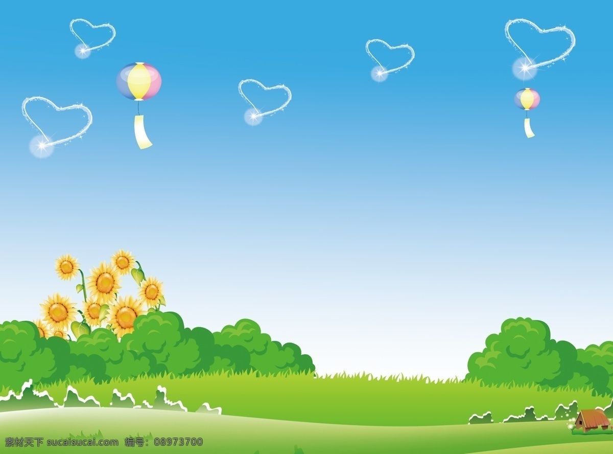 欢乐公园 卡通 蓝天 向日葵 草地 花儿 热气球 背景图 分层 源文件