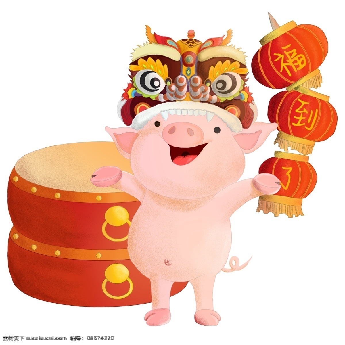 猪年 吉祥 舞狮 福 猪 卡通 手绘 免费 春节 鼓 灯笼 过年 新年快乐 喜庆 福到了 新年 新春 红色 节日