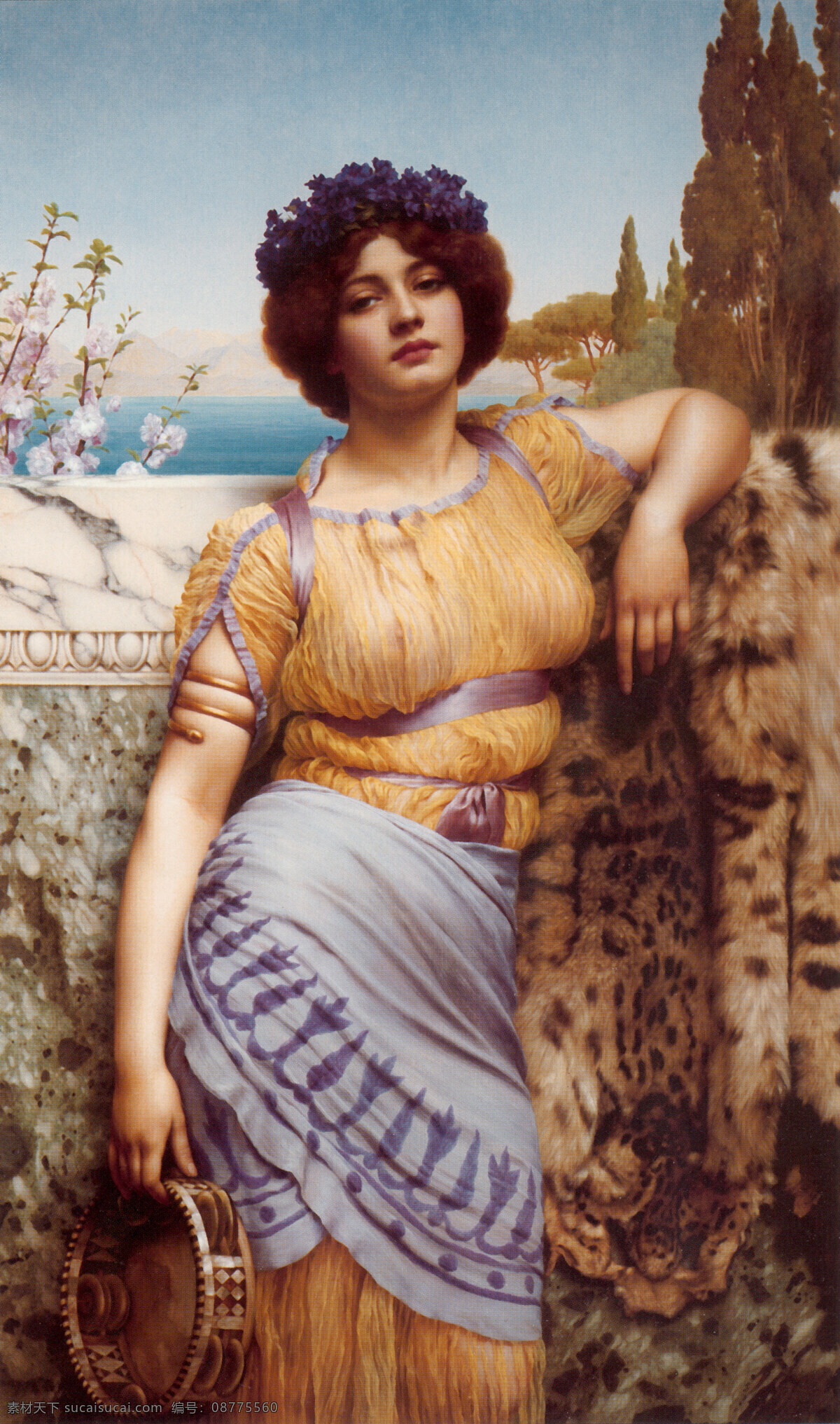 手鼓 约翰 威廉 格德沃德 女人 女士 贵妇 海边 虎皮 世界名画 西洋油画 绘画书法 文化艺术 人物