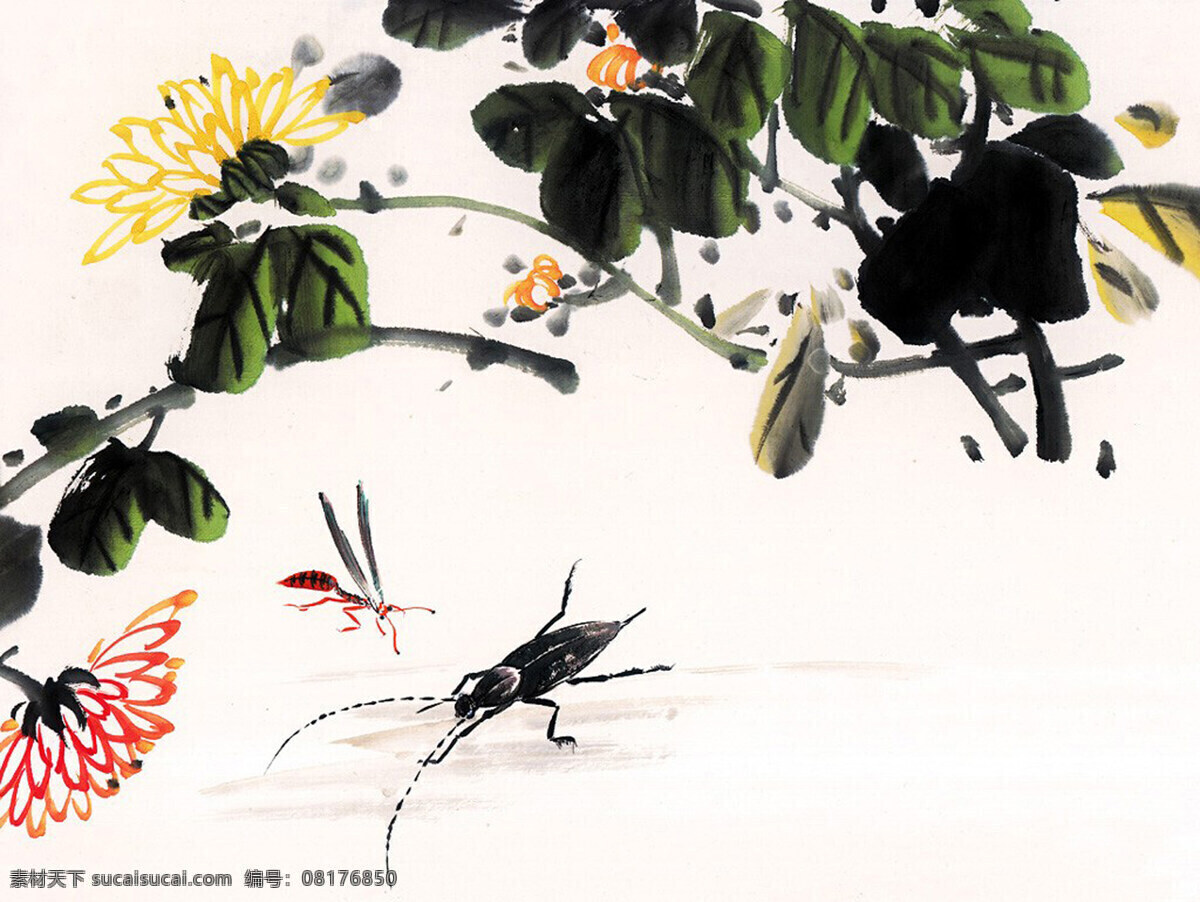 蛐蛐 红花绿叶 水墨画