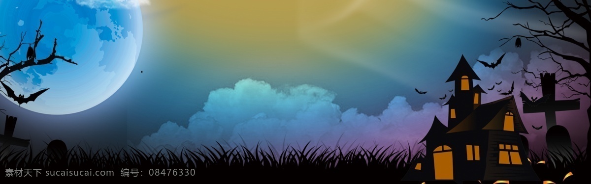 巫师 卡通 万圣节 banner 背景 简约 城堡 夜晚 鬼怪 蝙蝠 南瓜灯 西方文化 深色 小鬼 卡通手绘