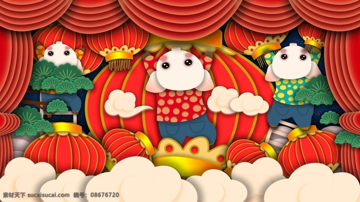 剪纸 风 猪年 猪 挂 灯笼 插画 松树 福 剪纸风 手机用图 微博配图 公众号配图
