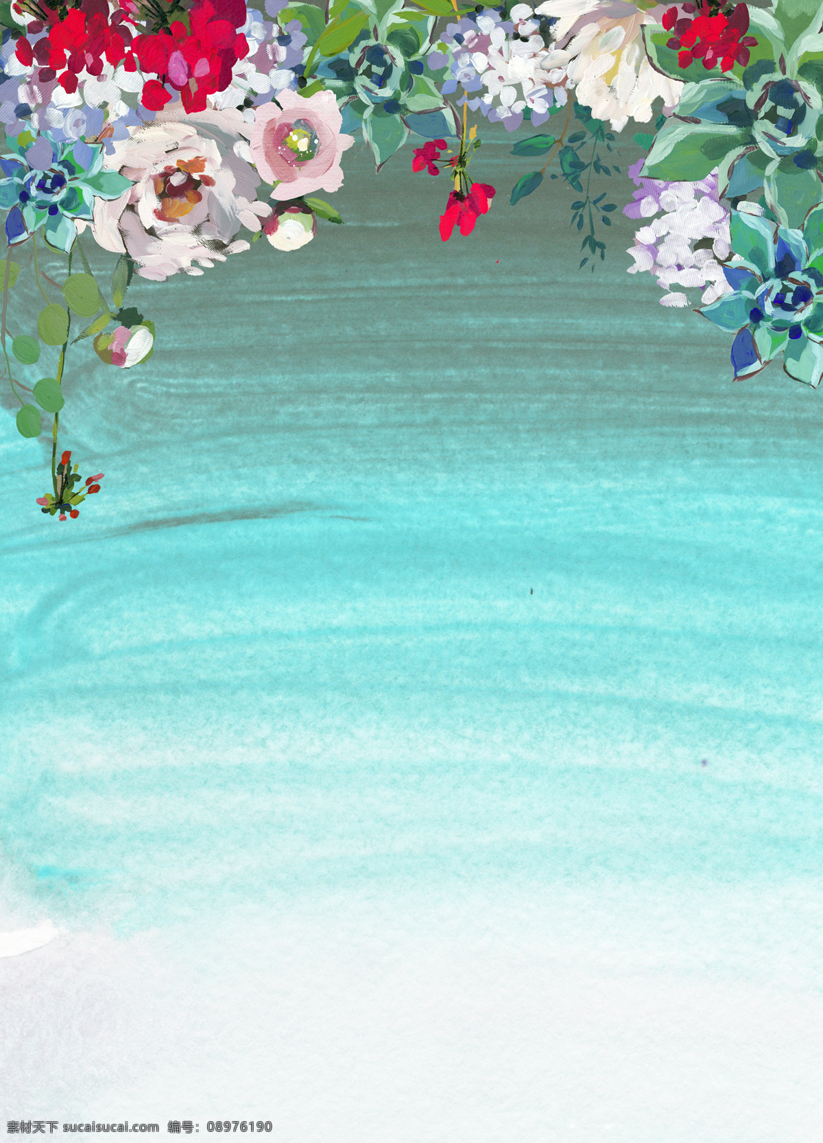 手绘 水墨 花卉 背景 图 背景素材 粉红色 红色 绿色 水蓝色 叶子