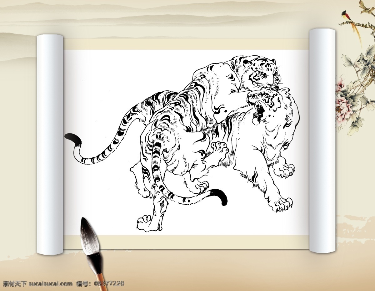 打闹 老虎 psd源文件 黑白画 虎 绘画 百虎图
