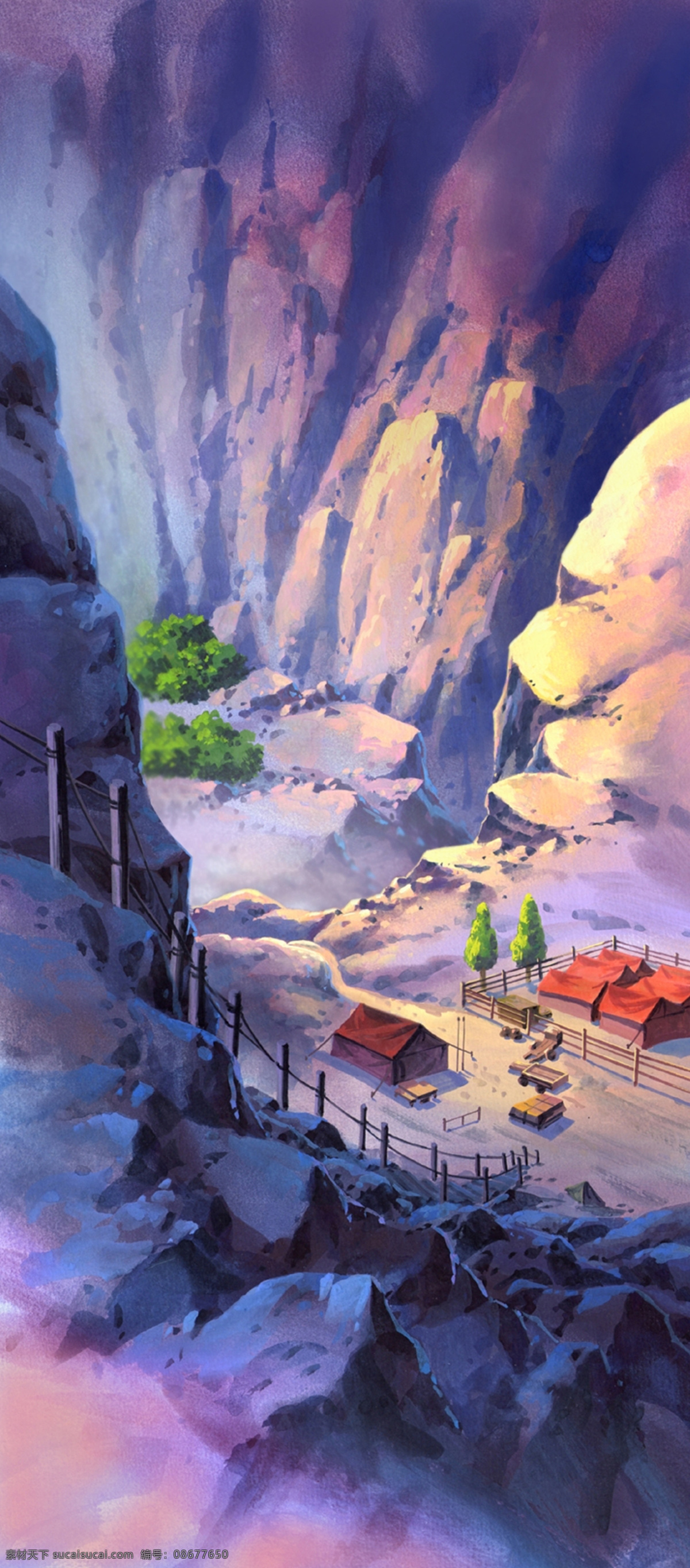 动画背景 山谷 动画 背景 山 山脚 居住 帐篷 树 树木 绿树 山路 阳光 明媚 工具 生活 mountain 风景漫画 动漫动画