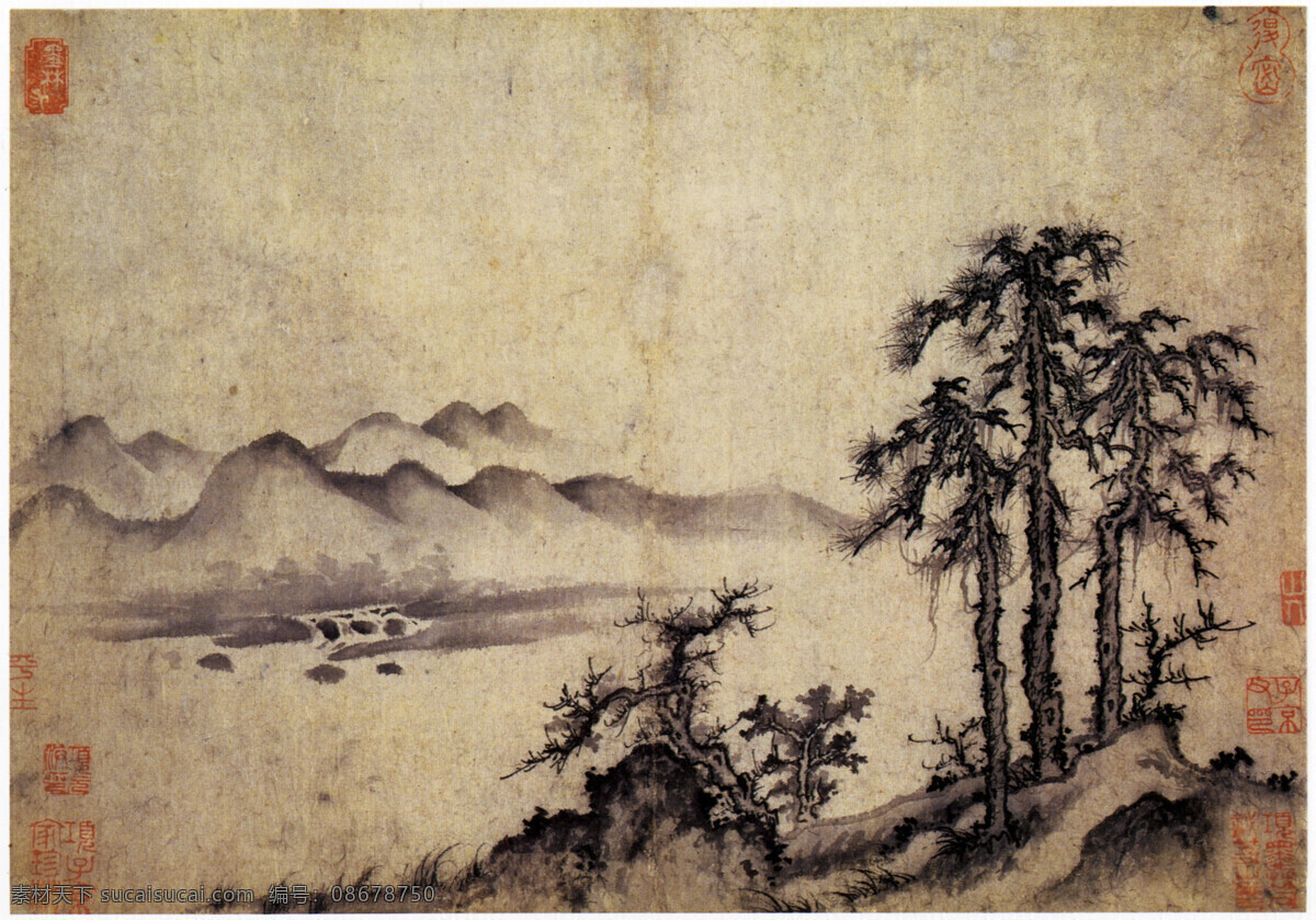 绘画书法 山水画 水墨画 文化艺术 中国画 元 王蒙 溪山风雨图册 十开2 十开 藏画 元四家 册页 上海博物馆藏