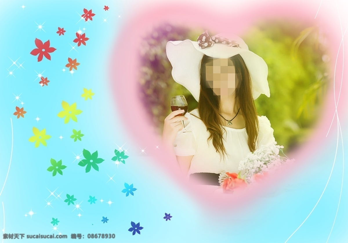 相框 模板 爱心 个人写真模板 红酒 花 酒杯 美女 曲线 摄影模板 相框模板 星光 源文件 psd源文件