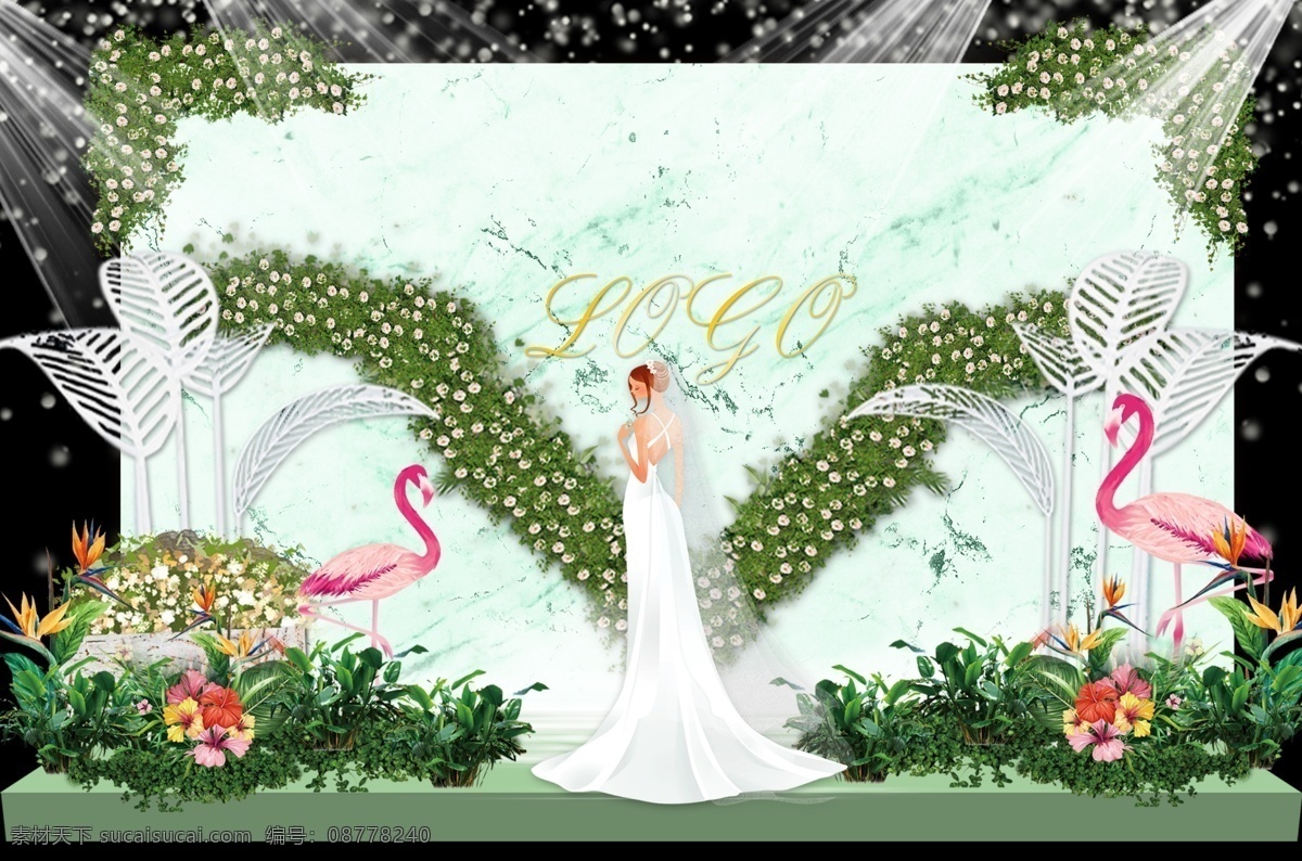 白 绿 大理石 火烈鸟 婚礼 效果图 鲜花 浪漫 唯美 白绿 森系 金属logo 叶子路引 墨绿 玫瑰 工装