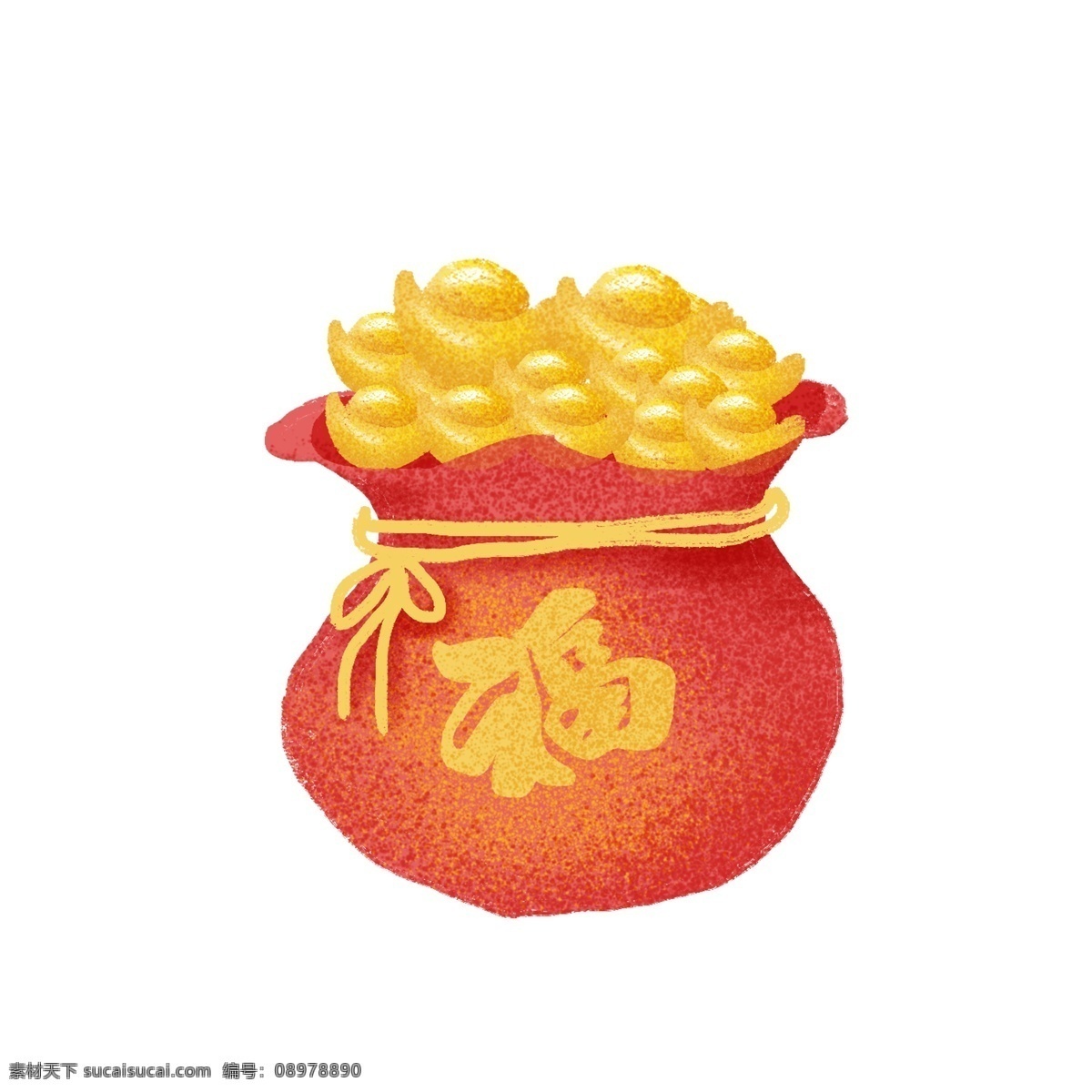 手绘 福 袋 元素 金元宝 福袋 钱袋 红色 喜庆 春节元素 2019年 新年 猪年