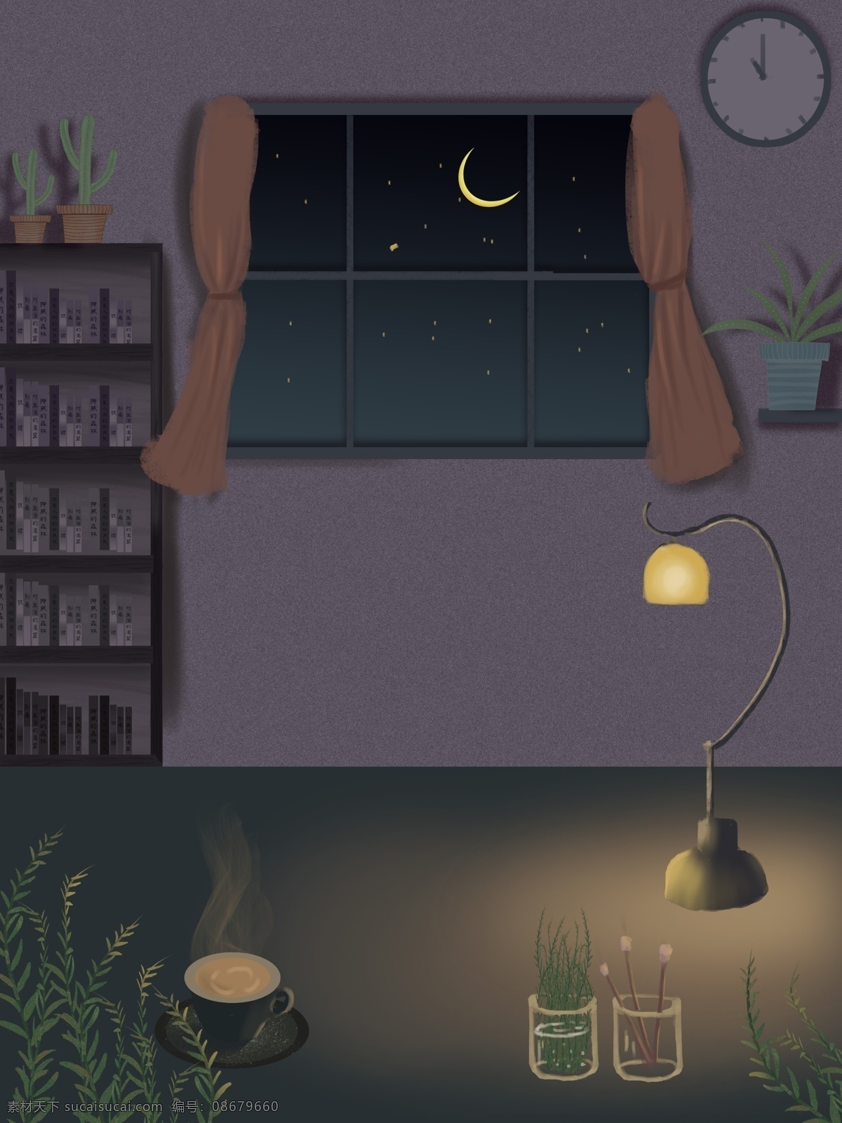 夜晚 蓝色 手绘 室内 居家 插画 背景 温馨背景 蓝色背景 灯 时钟 月亮 室内插画 居家生活插画 生活插画背景 夜晚背景 书柜