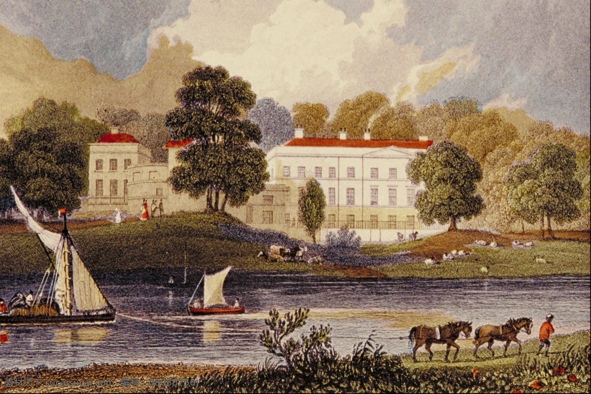 传统文化 法国风情 河水 绘画书法 蓝天 美景 人物油画 山 山水画 国外 山水 油画 设计素材 模板下载 山水油画 树林 国外传世名画 马 壮观景色 迷人 文化艺术