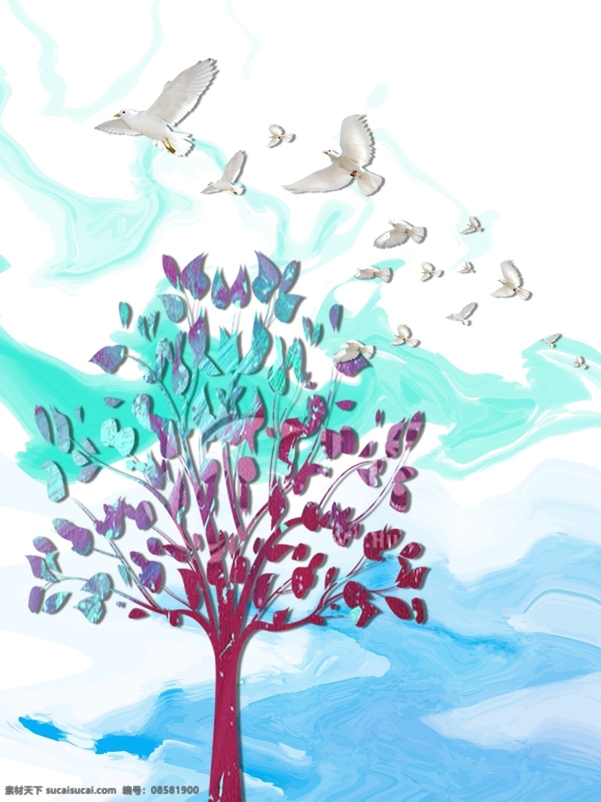 简约 清新 渐变 蓝紫色 树 客厅 装饰画 白色飞鸟 一联画 蓝色飘带 清新简约 波浪抽象