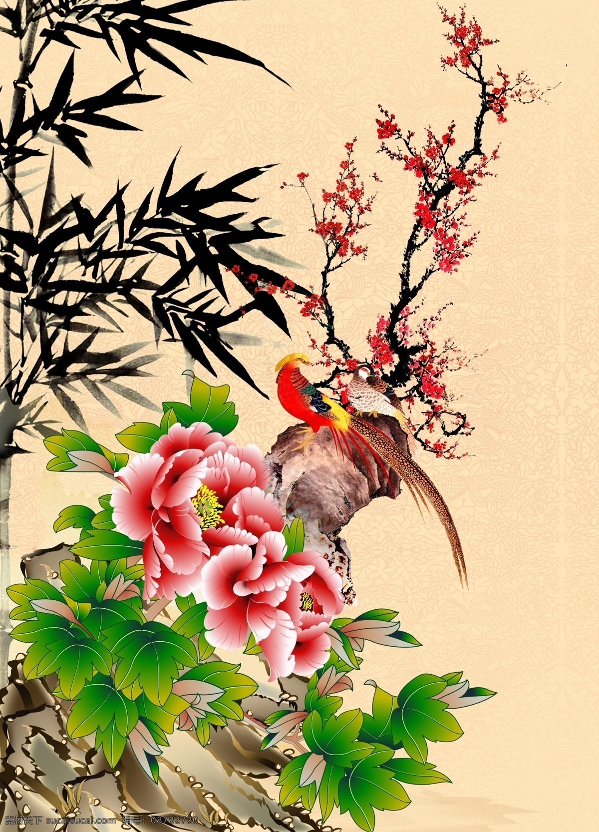 牡丹 梅花 竹子 锦鸡 水墨画 水墨花 分层 源文件