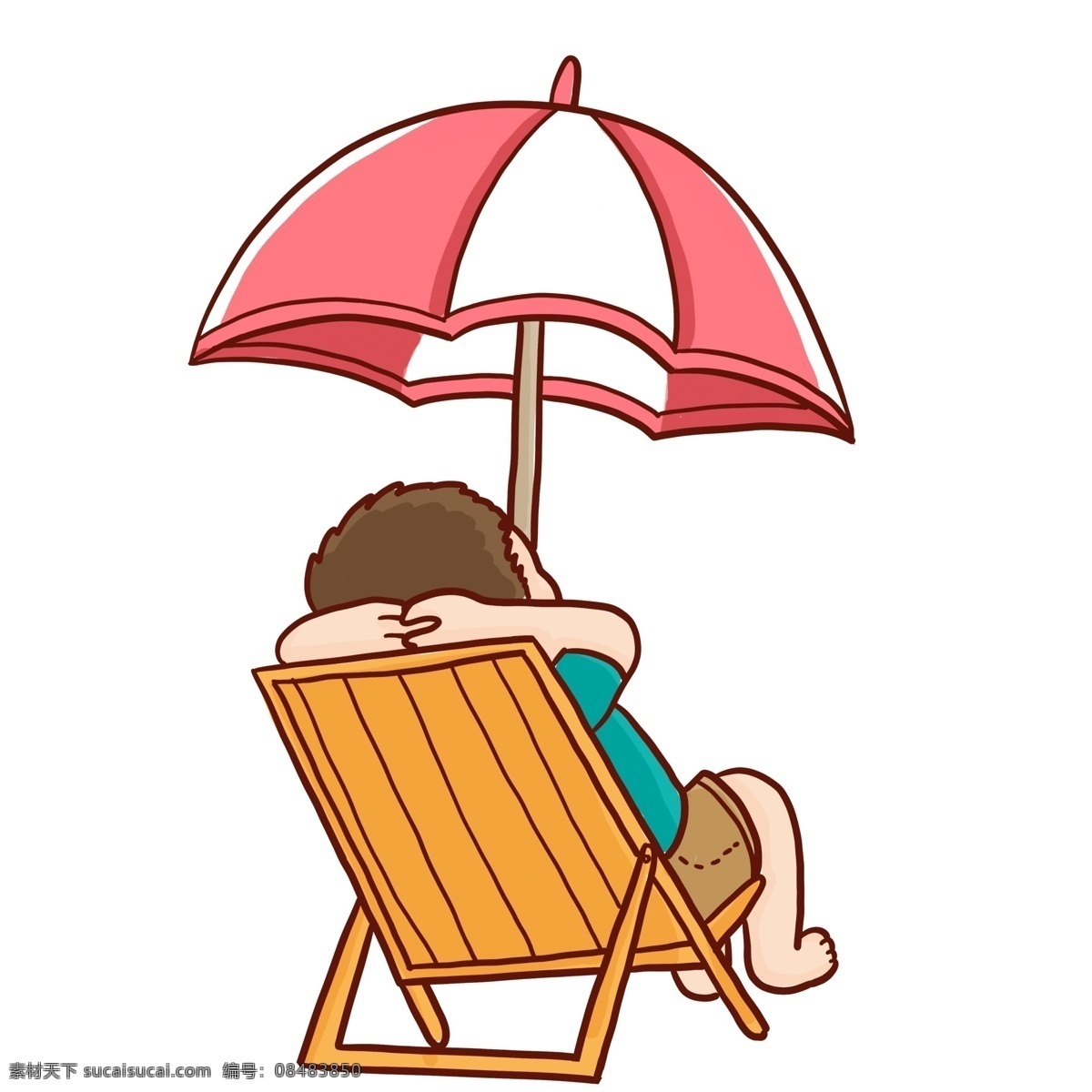 彩绘 沙滩 度假 男孩 漫画风 沙滩度假 遮阳伞 躺椅 日光浴 背影 插画